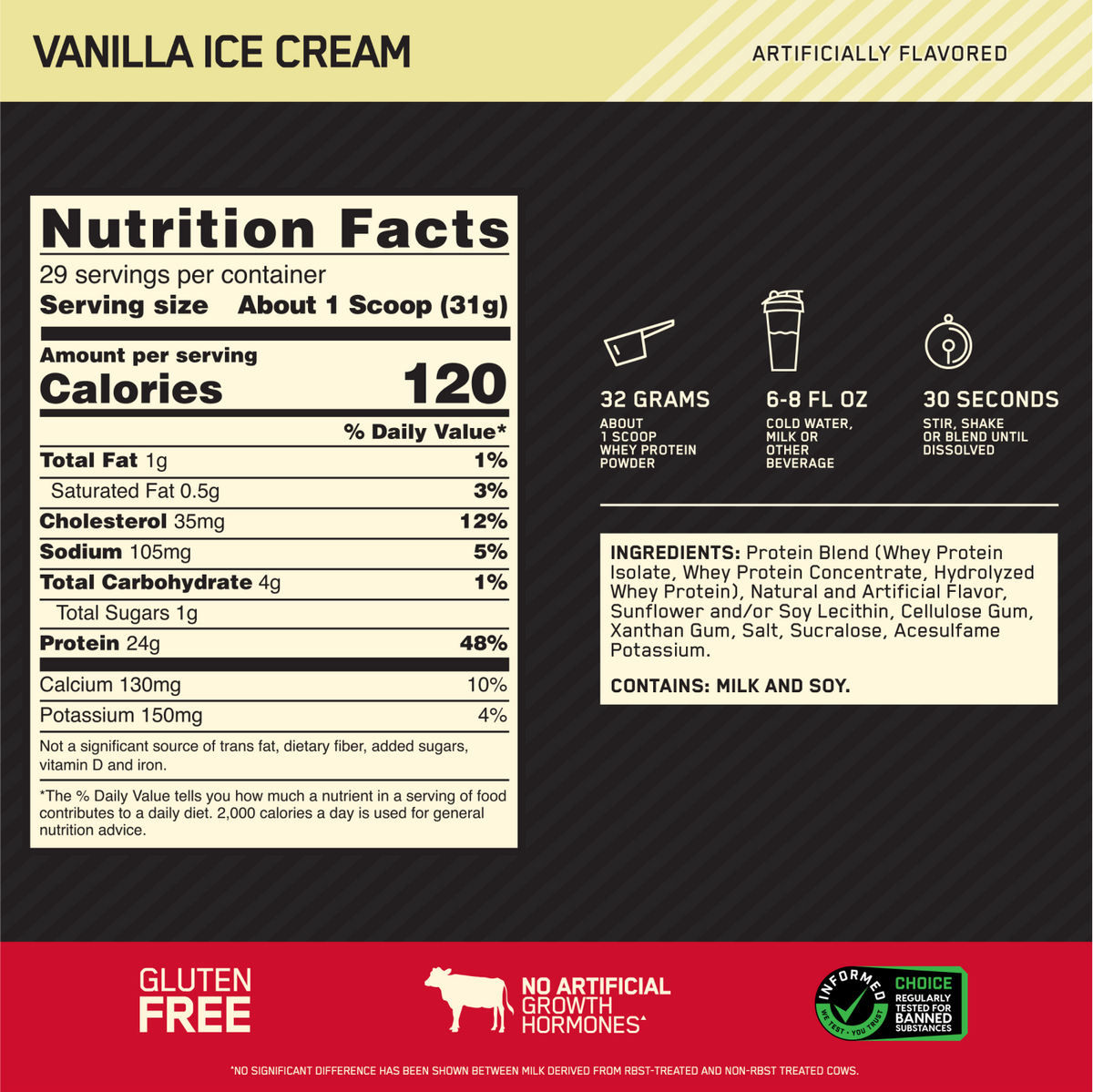 Optimum Nutrition Gold Standard 100% Whey Protein Powder, Vanilla Ice Cream, 907g