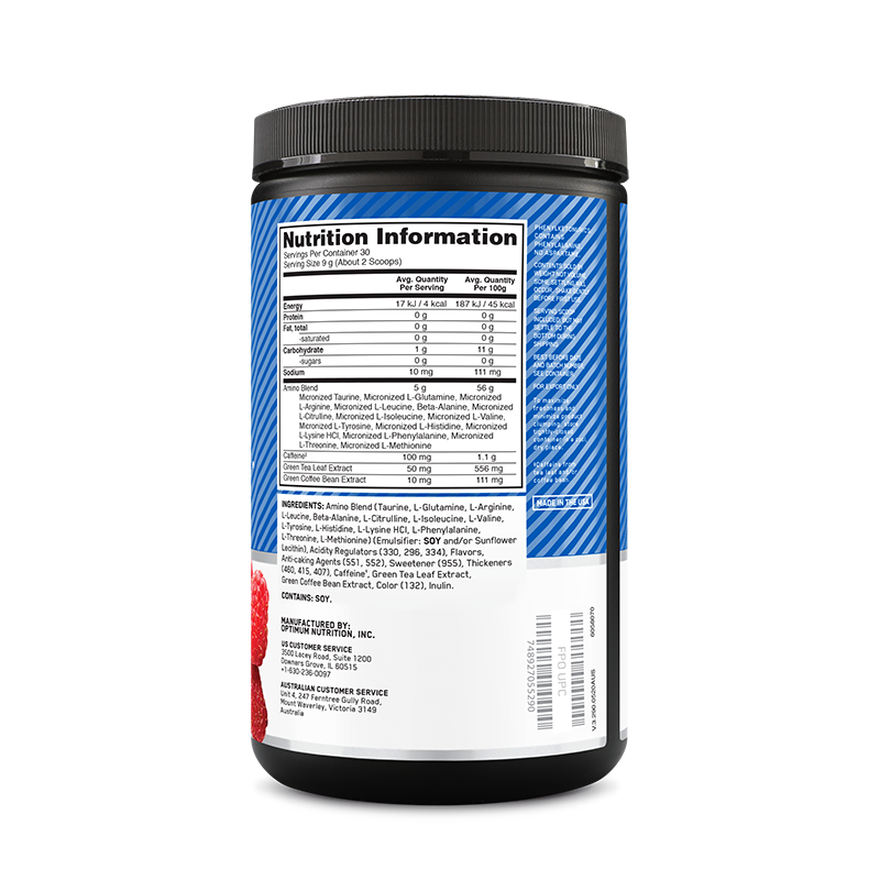 OPTIMUM NUTRITION Amino Energy Powder, Blue Raspberry, 270g, 30 Servings