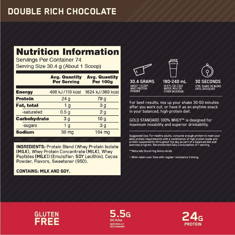 OPTIMUM NUTRITION Gold Standard 100% Whey Protein Powder, Double Rich Chocolate, 2.27kg